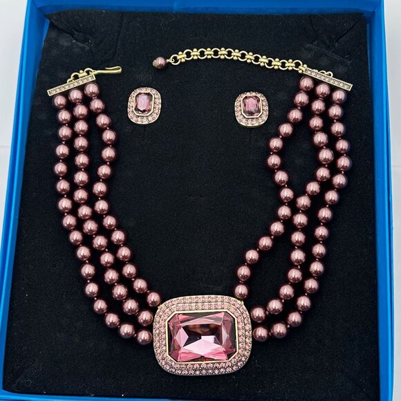 Heidi Daus Dark Pink Crystal Bronze Tone Necklace Clip Earrings 16 to 20 Inch in - Picture 1 of 3